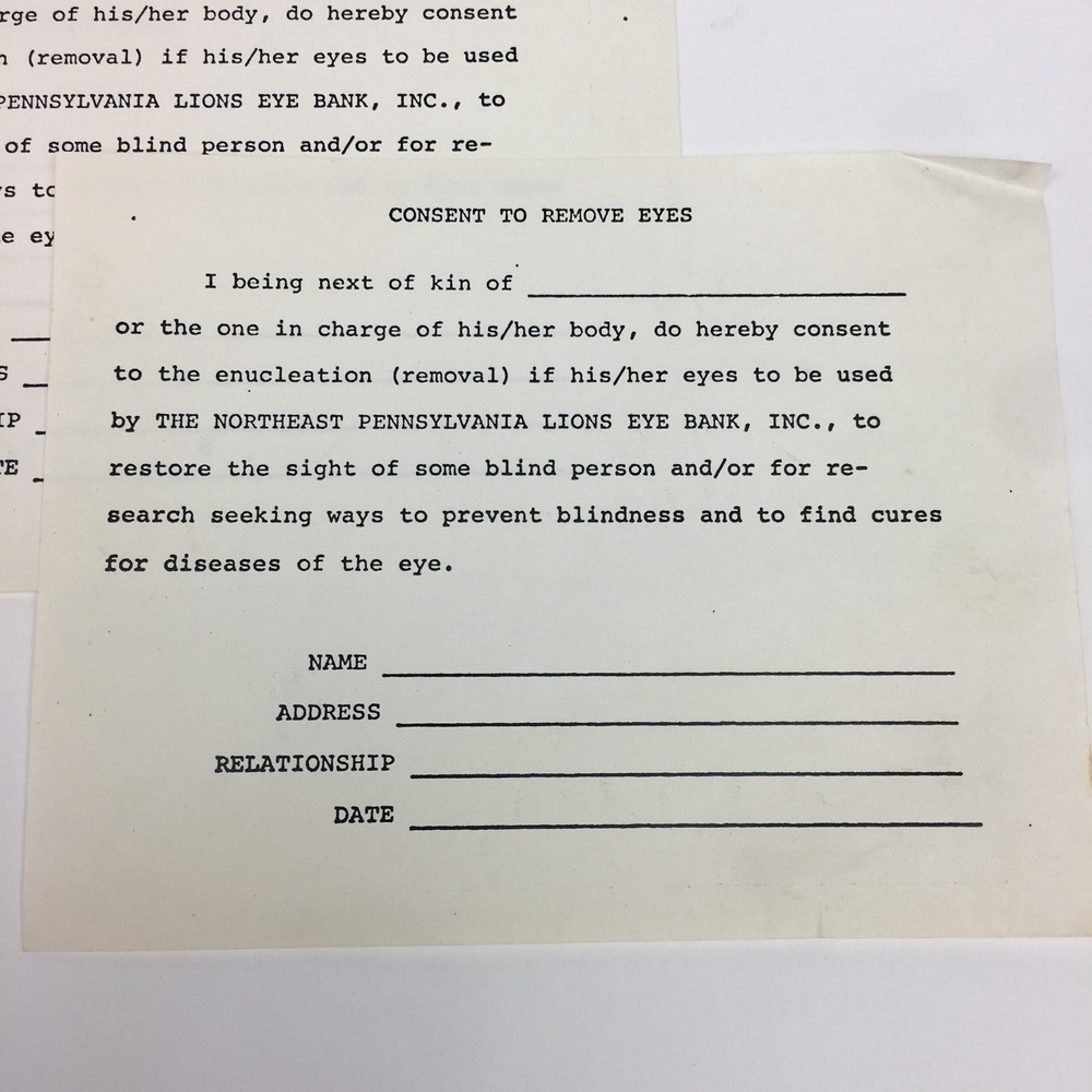 3 Vtg Oddity Northeast PA Lions Eye Bank Consent to Remove Eyes After Death Form